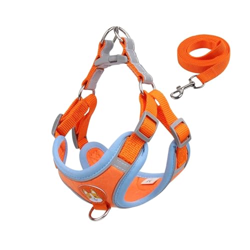 Set aus Geschirr und Leine, verstellbar, reflektierend, ausbruchsicher, Brustgurt, Sommer, Kätzchen, Hundehalsband, Outdoor-Zubehör (Farbe: Orange, Größe: L) von VinerY
