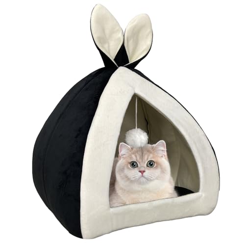 Vinnypet Katzenhöhle Katzenbett mit Waschbares Bequemem Kissenkissen Flanell-Katzenzelt mit lustigen Katzenbällen Faltbares Katzenhau 40x40x40cm von Vinnypet