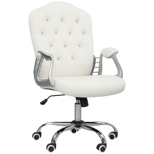 Vinsetto Home Office Stuhl Samt Computerstuhl Knopf getuftete Rückenlehne mit Drehrollen Einstellbare Höhe und Neigungsfunktion Cremeweiß von Vinsetto