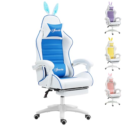 Vinsetto Racing Gaming-Stuhl mit Kopfstütze und Holzstütze, PU-Leder-Computerstuhl mit abnehmbaren Hasenohren, Fußstütze, Blau von Vinsetto