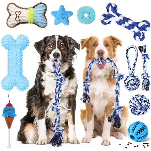Vinsot Kauspielzeug für große Hunde für aggressive Kauer, blaues Zahnspielzeug mit Zahnseil, quietschenden Bällen und Kauknochen für mittelgroße und große Hunderassen, 12 Stück Vinsot Kauspielzeug für große Hunde für aggressive Kauer, blaues Zahnspielzeug mit Zahnseil, quietschenden Bällen und Kauknochen für mittelgroße und große Hunderassen, 12 Stück von Vinsot