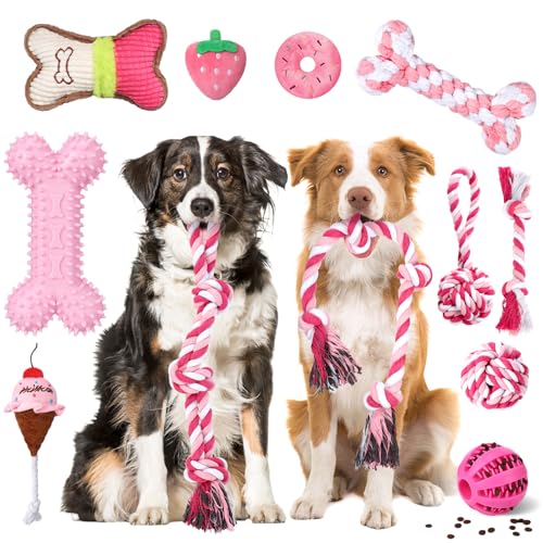 Vinsot Kauspielzeug für große Hunde für aggressive Kauer, rosa große Hunde mit Zahnseilspielzeug, Quietschspielzeug, Leckerli-Bälle und Kauknochen für mittelgroße und große Hunde, 12 Stück Vinsot Kauspielzeug für große Hunde für aggressive Kauer, rosa große Hunde mit Zahnseilspielzeug, Quietschspielzeug, Leckerli-Bälle und Kauknochen für mittelgroße und große Hunde, 12 Stück von Vinsot