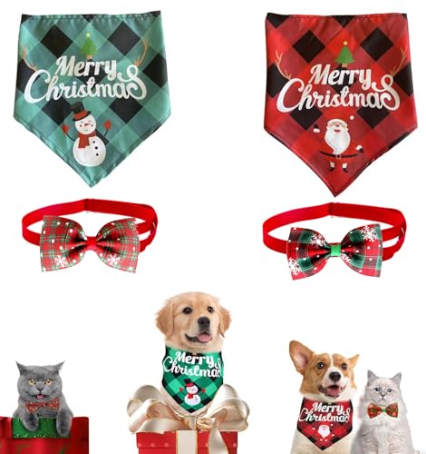 Viojrlly 4pz Weihnachten Hund Bandana Set, Halstuch Hund Weihnachten Verstellbar Katzen Weihnachten Fliege, Kariert, Weihnachtsmann, Dreieck, Halstuch für Hunde, Haustier Halstuch Weihnachtskostüm (A) von Viojrlly