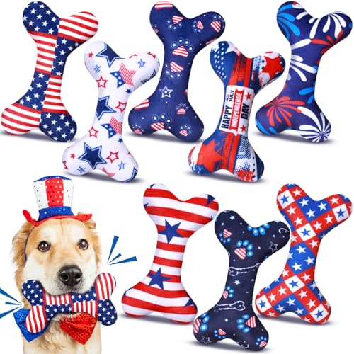 VioraWhite Hundespielzeug für Hunde, quietschend, Knochenform, lustiges Spielzeug zum Geburtstag für kleine, mittelgroße und große Hunde (15,5 x 9,7 cm, Unabhängigkeitstag), 8 Stück von VioraWhite
