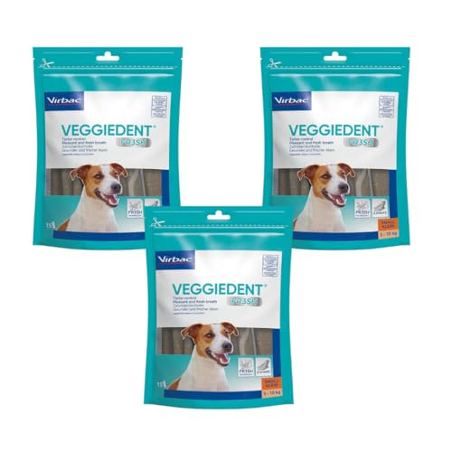 Virbac VeggieDent 15 Streifen S | 3er Pack | 3 x 224 g | Kaustreifen für kleine Hunde (5-10 kg) | Vegetarischer Kausnack zur Kontrolle von Zahnbelag & Plaque | EIN Stück pro Tag von Virbac