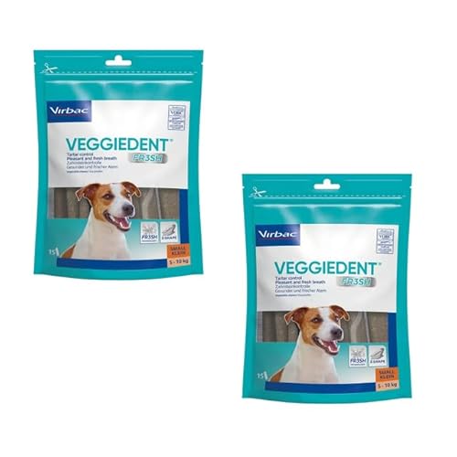 Virbac VeggieDent 15 Streifen S | Doppelpack | 2 x 224 g | Kaustreifen für kleine Hunde (5-10 kg) | Vegetarischer Kausnack zur Kontrolle von Zahnbelag & Plaque | EIN Stück pro Tag von Virbac