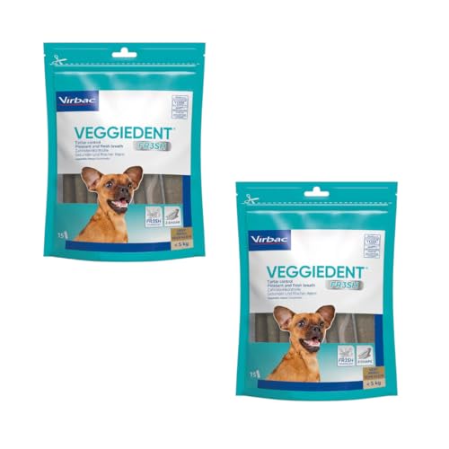 Virbac VeggieDent 15 Streifen XS < 5 kg | Doppelpack | 2 x 120 g | Kaustreifen für kleine Hunde | Vegetarischer Kausnack zur Kontrolle von Zahnbelag & Plaque | EIN Stück pro Tag von Virbac