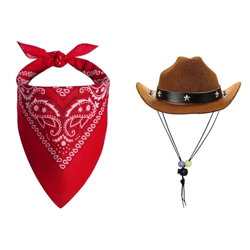 Cowboy-Kostüm für Hunde und Katzen, Halloween-Kostüm, niedlicher Cowboyhut, Bandana, Outfit für Welpen, Kätzchen, Party, Festival, Cosplay, Bekleidung (braun) von VisGoxia