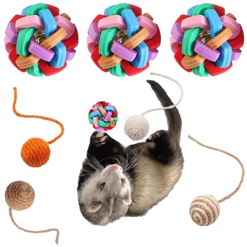 VisGoxia Frettchen-Spielzeug, Ball, federnde Gummi- und Sisal-Hanfseil-Bälle mit integrierter Glocke, interaktives Geräuschspielzeug, Übung, Kratzspielzeug für Frettchen, Katzen, Hunde (7 Stück) von VisGoxia