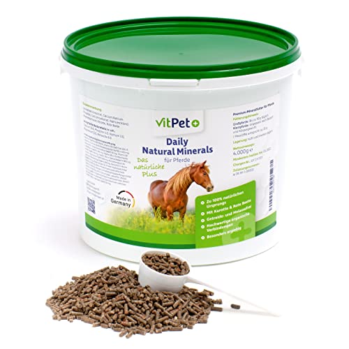 VitPet+ Daily Natural Minerals – Premium Mineralfutter Pferde im 4 kg Eimer inkl. Dosierlöffel – Getreidefrei mit hochwertigen organischen Verbindungen von Zink und Selen von VitPet+