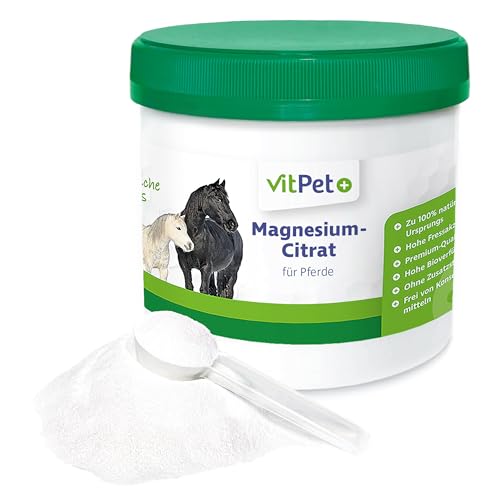 VitPet+ Magnesiumcitrat für Pferde – Magnesium Pferd – Premium Magnesiumcitrat Pulver – Zur Unterstützung von Muskulatur und Nervensystem – 500 g inklusive Dosierlöffel von VitPet+