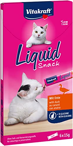 Vitakraft Liquid Snack, Katzen Leckerli, Katzensnack cremig, mit Ente und Beta Glucane, in einzelnen Sachets, verbessert die Immunabwehr (6x 15g) von Vitakraft