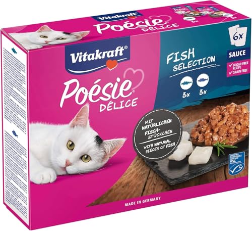 Vitakraft Poésie Délice, Fish Selection, Nassfutter Katze, Katzennassfutter in Sauce, mit Seelachs, mit Kabeljau, ohne Zusatz von Zucker und Getreide (1 Paket mit 6x 85g) von Vitakraft