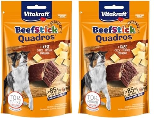 Vitakraft Beef Stick Quadros, Hundeleckerlie, extra fleischig, mit Käse, zum Belohnen und Verwöhnen (1x 70g) (Packung mit 2) von Vitakraft