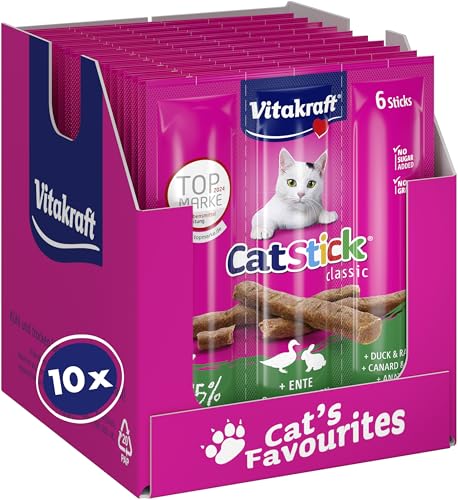 Vitakraft Cat Stick Classic, Katzensnack, fleischige Mini-Sticks, mit Ente und Kaninchen, in Vorratsgröße (10x 6 Stück) von Vitakraft