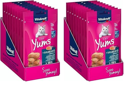 Vitakraft Cat YUMS, Katzensnacks, mit Lachs, extra fleischig, mit sichtbarer Füllung, unterstützen Haut und Fell, in Vorratsgröße, ohne Zusatz von Zucker und Getreide (9X 40g) (Packung mit 2) von Vitakraft