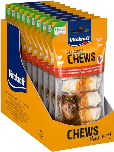 Vitakraft Chews, Hundesnack, Kauknoten zur Belohnung, aus getrockneter Rinderhaut, umwickelt mit Hühnchenfleisch, fettarm, ohne Zusatz von Zucker und Getreide (10x 5 Stück) von Vitakraft