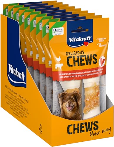 Vitakraft Delicious Chews, Hundekauknochen, Kauknoten aus Rinderhaut umwickelt mit Hühnchenfleisch, zur Beschäftigung, ohne Zusatz von Zucker (9x 70g) von Vitakraft