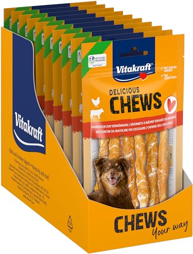 Vitakraft Chews, Hundesnack, Kaurolle zur Belohnung, aus getrockneter Rinderhaut, umwickelt mit Hühnchenfleisch, fettarm, ohne Zusatz von Zucker und Getreide (10x 6 Stück) von Vitakraft