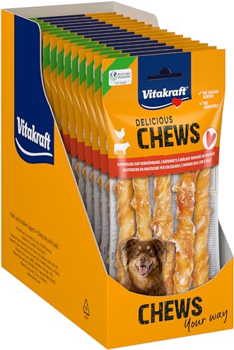 Vitakraft Delicious Chews, Hundekauknochen, Kaurollen aus Rinderhaut umwickelt mit Hühnchenfleisch, zur Beschäftigung, ohne Zusatz von Zucker (15x 90g) von Vitakraft