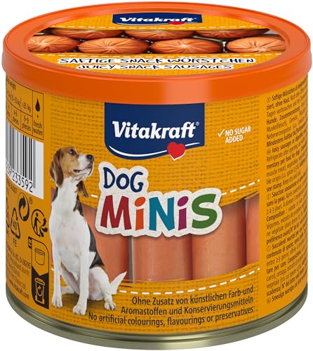 Vitakraft Dog Minis, Hundeleckerli, Würstchen, Belohnung für zwischendurch, mit Geflügel, gewürzreduziert, in wiederverschließbarer Dose, ohne Zusatz von Zucker und Getreide (1x 120g) von Vitakraft