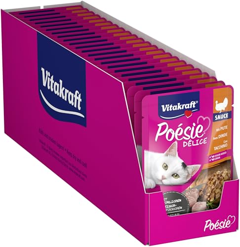 Vitakraft Poésie Délice, Katzenfutter nass, mit saftiger Putenbrust in Sauce, für ausgewachsene Katzen, 23 Portionsbeutel, ernährungsphysiologisch abgestimmt (23 x 85g) von Vitakraft