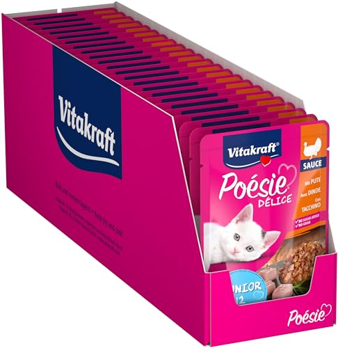Vitakraft Poésie Délice, Junior, Nassfutter Katze, Katzennassfutter in Sauce, mit Pute, Vorratspackung, für junge Katzen, ohne Zusatz von Zucker und Getreide (23x 85g) von Vitakraft