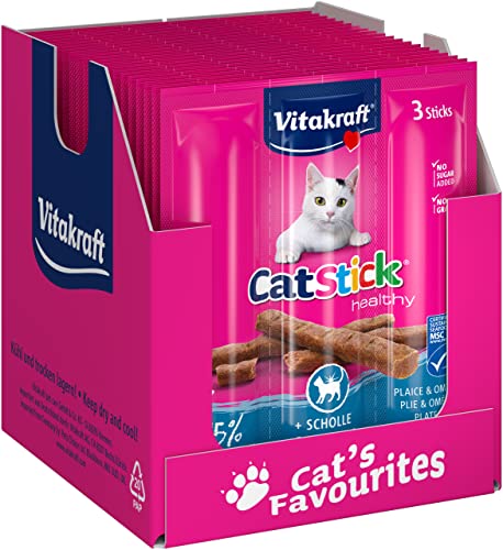 Vitakraft Cat Stick Healthy, Katzen Leckerlies, fleischige Mini-Sticks, mit Scholle, mit natürlichem Omega 3, für gesunde Haut, für schönes Fell, in Vorratsgröße (20x 3 Stück) von Vitakraft