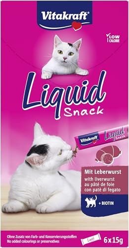 Vitakraft Liquid Snack, Katzen Leckerli, Katzensnack cremig, mit Leberwurst und Biotin, in einzelnen Sachets, für bessere Haut (6X 15g) von Vitakraft