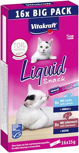 Vitakraft Liquid Snack, Katzen Leckerli, Katzensnack cremig, mit Leberwurst und Biotin, mit Lachs und Omega 3, in einzelnen Sachets, Vorratspackung (16x 15g) von Vitakraft