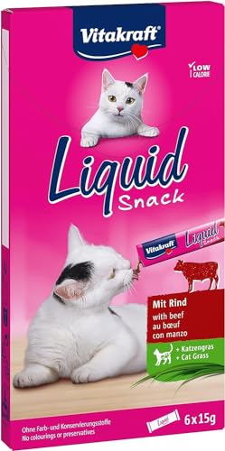 Vitakraft Liquid Snack, flüssiger Katzen Snack, Leckerli für Katzen, mit Rind und Katzengras, zur Unterstützung der gesunden Darmflora, kalorienarm (1x 6 Stück) von Vitakraft