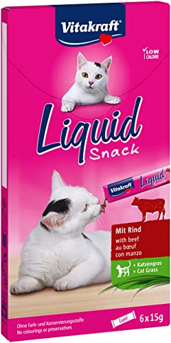Vitakraft Liquid Snack, Katzen Leckerli, Katzensnack cremig, mit Rind und Katzengras, in einzelnen Sachets, für eine gesunde Darmflora (6x 15g) von Vitakraft