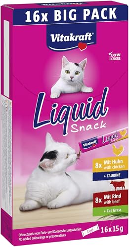 Vitakraft Liquid Snack, Katzen Leckerli, Katzensnack cremig, mit Rind, mit Huhn, in einzelnen Sachets, 1 Vorratspackung (16x 15g) von Vitakraft