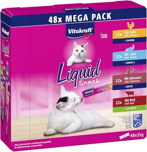 Vitakraft Liquid Snack für Katzen, Katzen Leckerlis im Mega Pack, cremige Textur, mit Rind, mit Huhn, mit Lachs, 1 Vorratspackung (48x 15g) von Vitakraft
