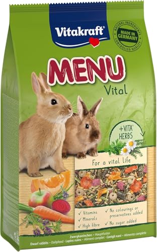 Vitakraft Menu Vital, Zwergkaninchen Futter, mit Luzerne, mit Apfel, mit Kürbis, angereichert mit Kräutern, ohne Zusatz von Zucker und Getreide (1x 3kg) von Vitakraft