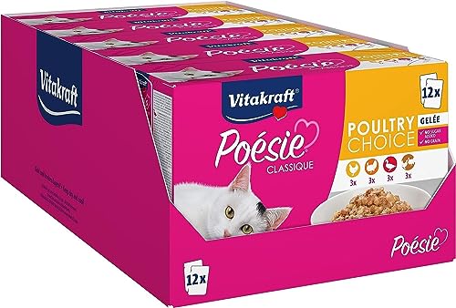 Vitakraft Poésie Classique, Poultry Choice, Katzenfutter nass, im Multipack, in Gelée, mit Huhn, mit Pute, mit Geflügel, mit Ente, für ausgewachsene Katzen (5 Stück mit je 12 x 85g) von Vitakraft