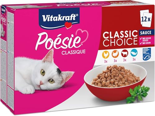 Vitakraft Poésie Classique, Nassfutter Katze, Katzennassfutter in Sauce, mit Huhn, mit Truthahn, mit Rind, mit Lachs, ohne Zusatz von Zucker und Getreide (1 Paket mit 12x 85g) von Vitakraft