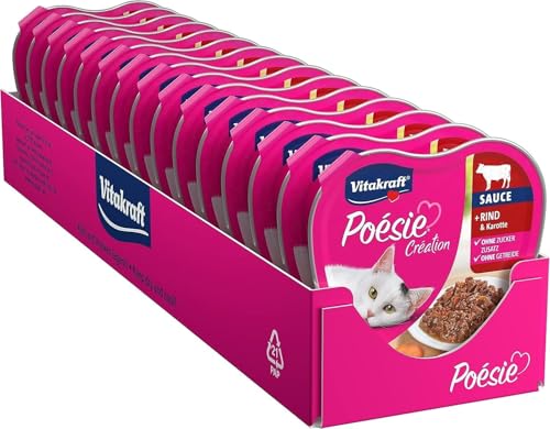 Vitakraft Poésie Création, Katzenfutter nass, mit Rind, mit Karotte, Häppchen in feiner Sauße, für ausgewachsene Katzen, ohne Zusatz von Zucker und Getreide (15x 85g) von Vitakraft