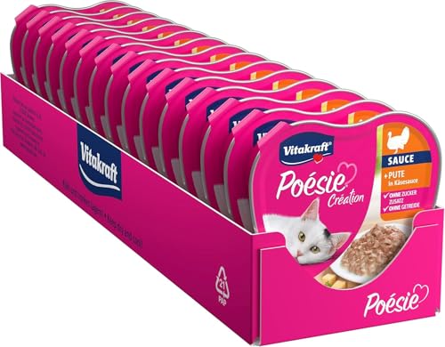 Vitakraft Poésie Création, Nassfutter Katze, Katzennassfutter in Sauce, mit Pute in Käsesauce, Vorratspackung, ohne Zusatz von Zucker und Getreide (15x 85g) von Vitakraft