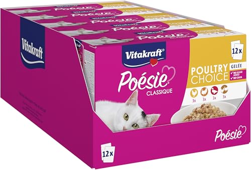 Vitakraft Poésie Classique, Nassfutter Katze, Katzennassfutter Gelee, mit Huhn, mit Pute, mit Geflügel, mit Ente, ohne Zusatz von Zucker und Getreide (5 Pakete mit 12x 85g) von Vitakraft