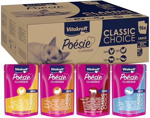 Vitakraft Poésie Classique, Vorratspackung, Nassfutter Katze, Katzennassfutter in Sauce, mit Huhn, mit Truthahn, mit Rind, mit Lachs, ohne Zusatz von Zucker und Getreide (1 Paket mit 96x 85g) von Vitakraft