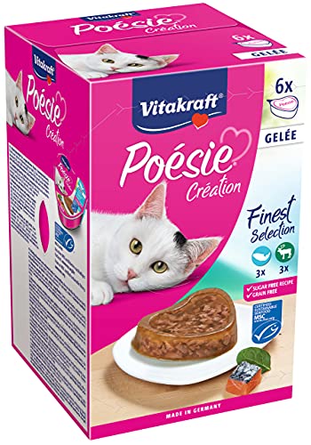 Vitakraft Poésie Création, Finest Selection, Nassfutter Katze, Katzennassfutter Gelee, mit Lachs und Spinat, mit Wild in Cranberry Gelee, ohne Zusatz von Zucker und Getreide (1 Paket mit 6x 85g) von Vitakraft