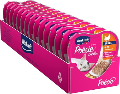 Vitakraft Poésie Création, Katzenfutter nass, Katzenfutter, mit Pute in Käsesauce, Häppchen in feiner Sauße, für ausgewachsene Katzen, ohne Zusatz von Zucker und Getreide (15x 85g) von Vitakraft