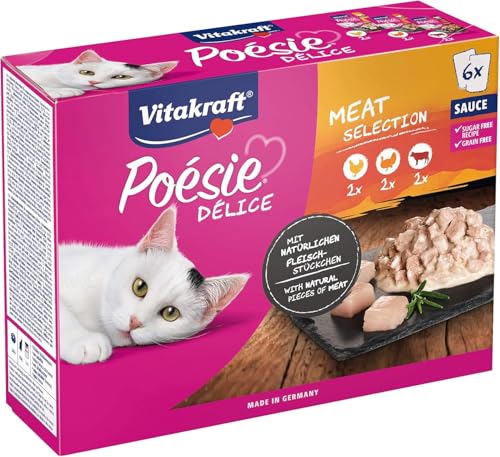 Vitakraft Poésie Délice, Meat Selection, Nassfutter Katze, Katzennassfutter in Sauce, mit Huhn, mit Pute, mit Rind (1 Paket mit 6x 85g) von Vitakraft
