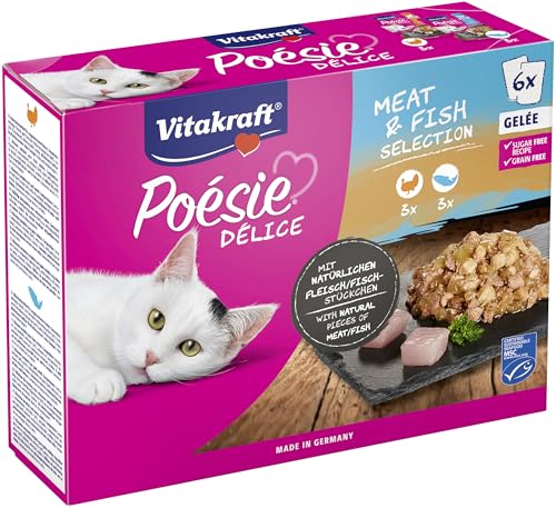 Vitakraft Poésie Délice, Meat and Fish Selection, Nassfutter Katze, Katzennassfutter Gelee, mit Putenbrust, mit Lachs, ohne Zusatz von Zucker und Getreide (1 Paket mit 6x 85g) von Vitakraft