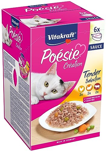 Vitakraft Poésie Création, Tender Selection, Nassfutter Katze, Katzennassfutter in Sauce, mit Huhn, mit Pute, mit Rind, ohne Zusatz von Zucker und Getreide (1 Paket mit 6x 85g) von Vitakraft