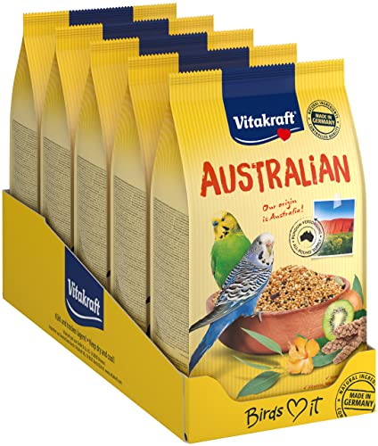 Vitakraft Australian, Wellensittich Futter, mit Vitaminen und Mineralien, mit Magenkiesel zur Unterstützung der Magenfunktion, ohne Zuckerzusatz (5x 800g) von Vitakraft