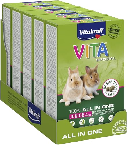Vitakraft Vita Special Junior, Hauptfutter für junge Zwergkaninchen, mit Gräsern und Kräutern, für eine optimale Verdauung, ohne Zusatz von Zucker und Getreide (5 x 600 g) von Vitakraft