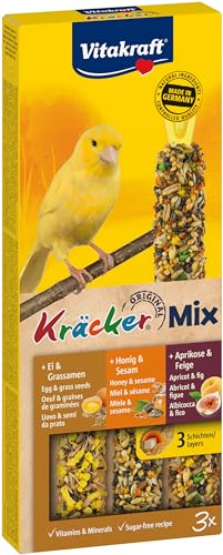 Vitakraft Kräcker Mix, Vogelsnack, Knabberstangen, mit Ei und Grassamen, mit Aprikose und Feige, mit Honig und Sesam, unterstützt die Schnabelpflege, auf Naturholz gebacken (1x 3 Stück) von Vitakraft