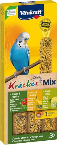 Vitakraft Kräcker Mix, Vogelsnack, für Wellensittiche, Knabberstangen, mit Kräutern und Paprika, mit Kiwi und Citrus, mit Banane und Sesam, ohne Zusatz von Zucker (1x 3 Stück) von Vitakraft